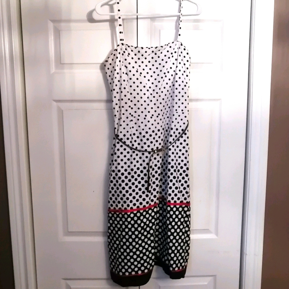 White with black polka dot fit and flare dress